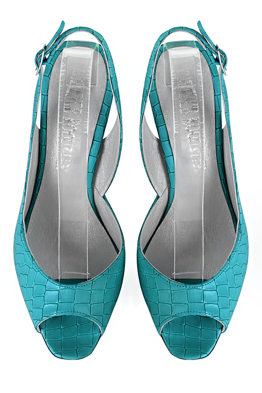 Turquoise blue women's slingback sandals. Square toe. High slim heel. Top view - Florence KOOIJMAN